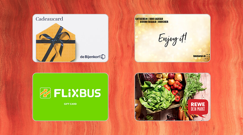 New Gift Cards in Amilon's catalogue for Europe: Flixbus, Ticketcorner, Rewe, De Bijenkorf